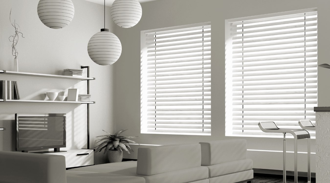 Faux wood blinds in kitchen