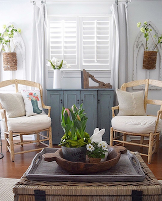 Interior shutters in airy room.