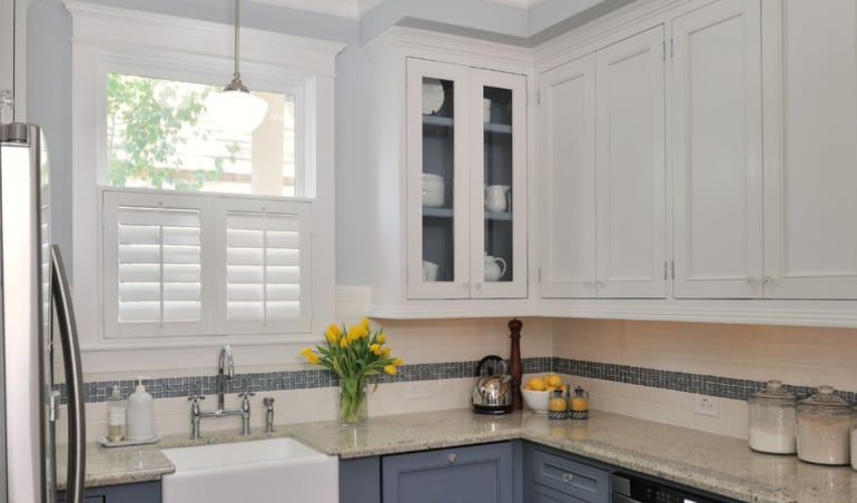 It's easy to clean kitchen messes off of your Polywood® plantation shutters.  Polywood shutters in a Philadelphia kitchen.