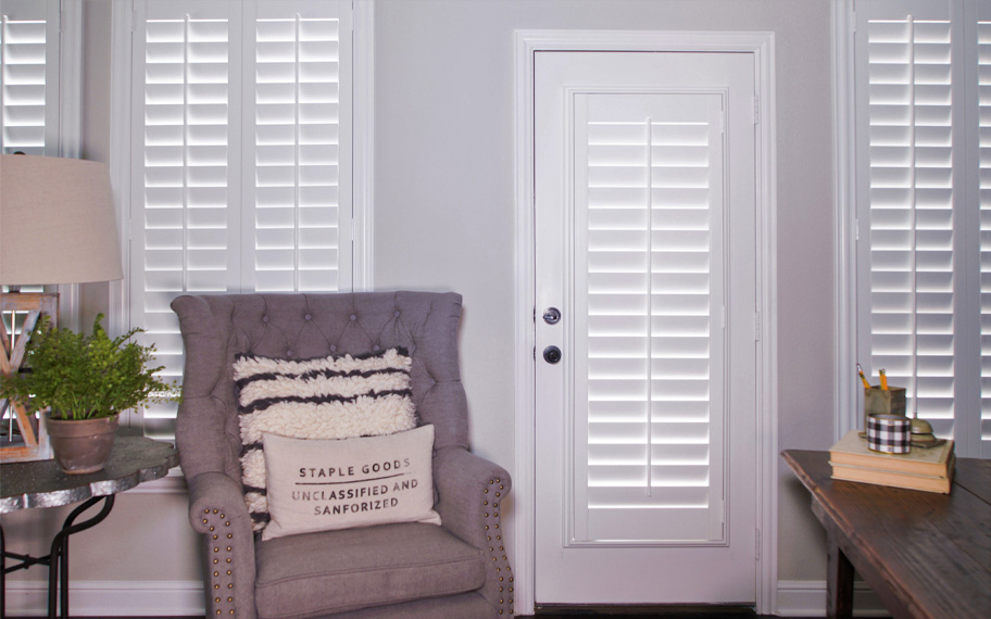 Interior shutters are beautiful and durable window treatments for glass doors in Philadelphia. Polywood shutters on a door